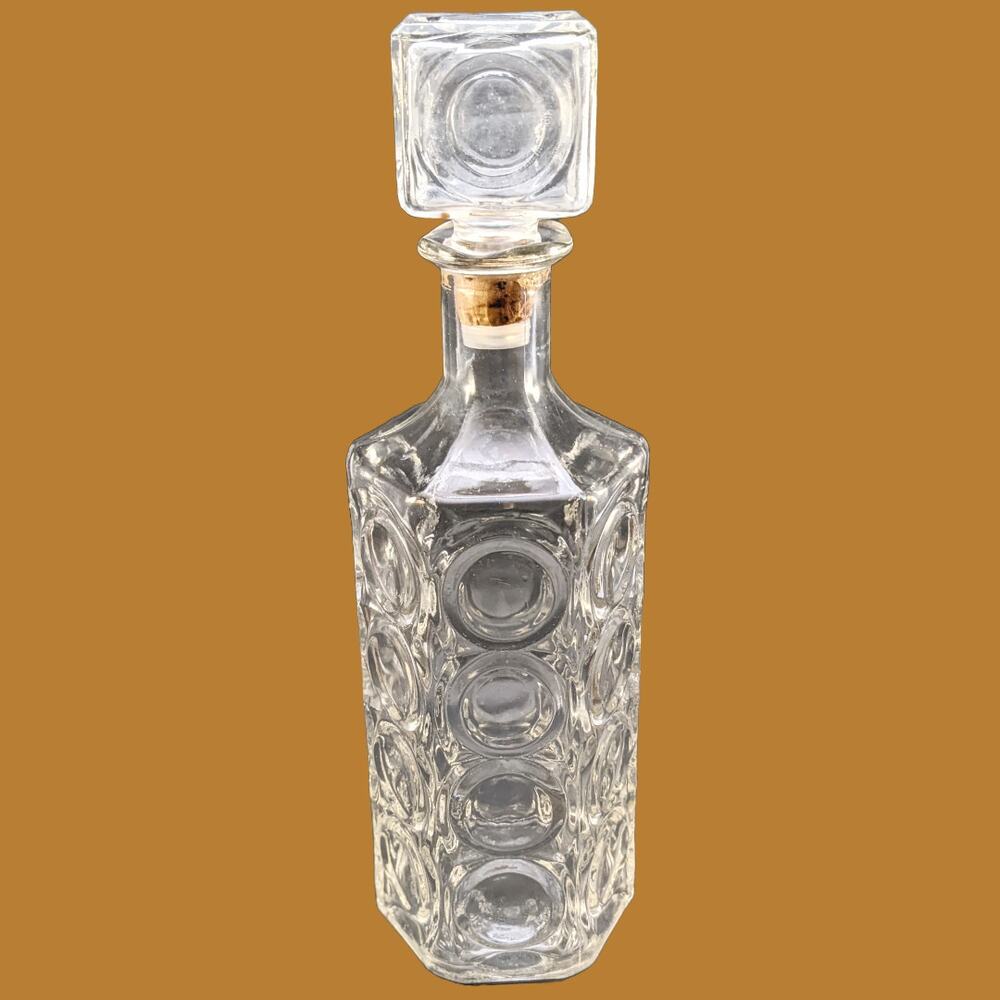 Vintage Mid Century Octagonal Pressed Glass Decanter with Circle Pattern